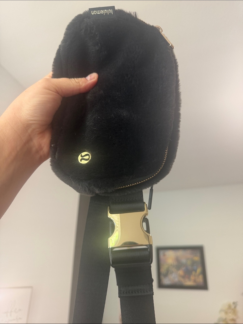 Lululemon Black Faux Fur Belt Bag with Gold Hardware
